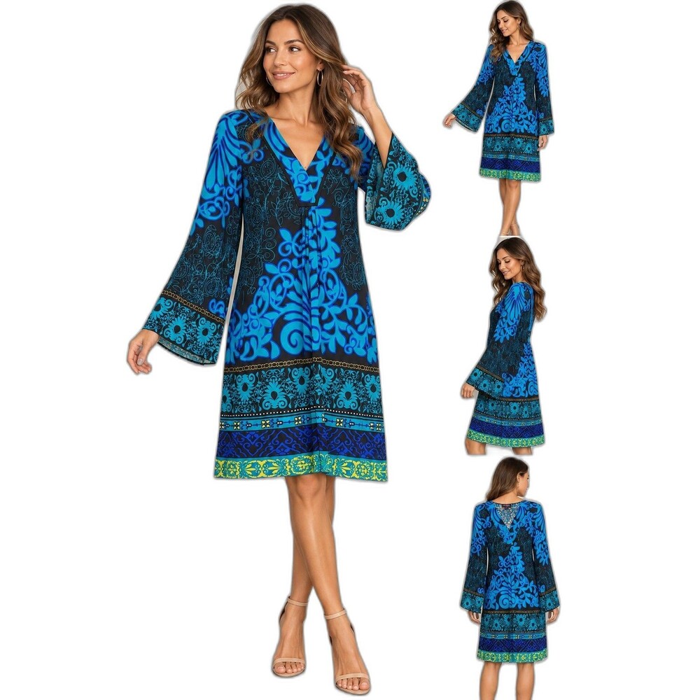 Hale Bob Silk Jersey Floral Boho V-Neck Long Bell Sleeve Short Dress S